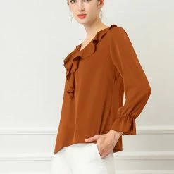 Allegra K Ruffle V Neck Bracelet Sleeve Vintage Peasant Chiffon Blouse Women