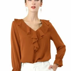 Allegra K Ruffle V Neck Bracelet Sleeve Vintage Peasant Chiffon Blouse Women