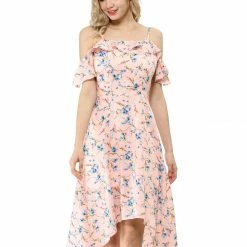Allegra K Spaghatti Straps Ruffled Sleeves Asymmetrical Floral Dress