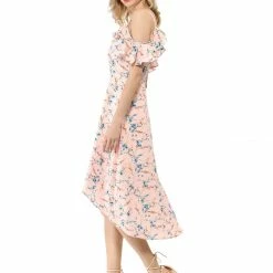 Allegra K Spaghatti Straps Ruffled Sleeves Asymmetrical Floral Dress