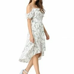 Allegra K Spaghatti Straps Ruffled Sleeves Asymmetrical Floral Dress