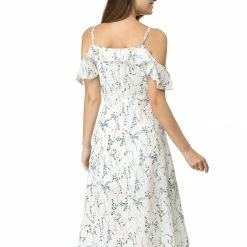 Allegra K Spaghatti Straps Ruffled Sleeves Asymmetrical Floral Dress