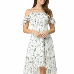 Allegra K Spaghatti Straps Ruffled Sleeves Asymmetrical Floral Dress