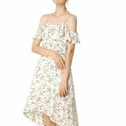Allegra K Spaghatti Straps Ruffled Sleeves Asymmetrical Floral Dress