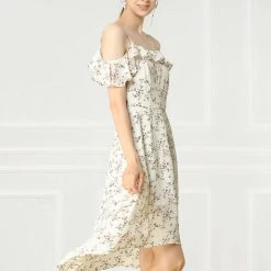 Allegra K Spaghatti Straps Ruffled Sleeves Asymmetrical Floral Dress