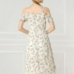 Allegra K Spaghatti Straps Ruffled Sleeves Asymmetrical Floral Dress