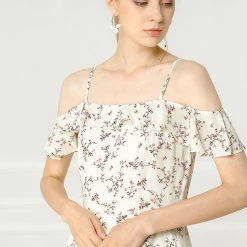 Allegra K Spaghatti Straps Ruffled Sleeves Asymmetrical Floral Dress