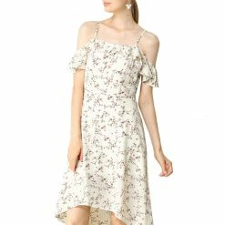 Allegra K Spaghatti Straps Ruffled Sleeves Asymmetrical Floral Dress
