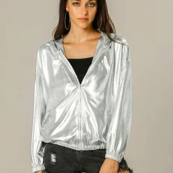Women Allegra K Metallic Windbreaker Jacket