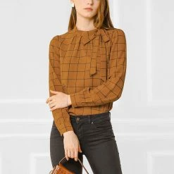 Allegra K Women's Bow-Tie Neck Blouse Office Work Checks Shirt Tops