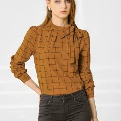 Allegra K Women's Bow-Tie Neck Blouse Office Work Checks Shirt Tops