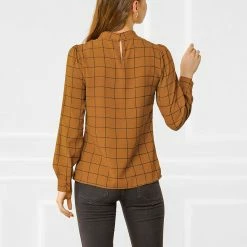 Allegra K Women's Bow-Tie Neck Blouse Office Work Checks Shirt Tops