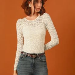 Allegra K Women's Lace Embroidery Semi Sheer Vintage Puff Sleeve Top