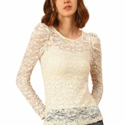 Allegra K Women's Lace Embroidery Semi Sheer Vintage Puff Sleeve Top