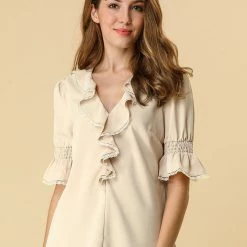 Allegra K Women's Ruffle V Neck Half Bell Sleeve Blouse Summer Vintage Casual Chiffon Peasant Top 119 Allegra K Women's Ruffle V Neck Half Bell Sleeve Blouse Summer Vintage Casual Chiffon Peasant Top