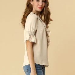 Allegra K Women's Ruffle V Neck Half Bell Sleeve Blouse Summer Vintage Casual Chiffon Peasant Top 121 Allegra K Women's Ruffle V Neck Half Bell Sleeve Blouse Summer Vintage Casual Chiffon Peasant Top