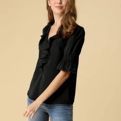 Allegra K Women's Ruffle V Neck Half Bell Sleeve Blouse Summer Vintage Casual Chiffon Peasant Top 127 Allegra K Women's Ruffle V Neck Half Bell Sleeve Blouse Summer Vintage Casual Chiffon Peasant Top