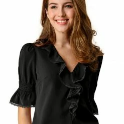 Allegra K Women's Ruffle V Neck Half Bell Sleeve Blouse Summer Vintage Casual Chiffon Peasant Top 124 Allegra K Women's Ruffle V Neck Half Bell Sleeve Blouse Summer Vintage Casual Chiffon Peasant Top