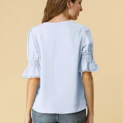 Allegra K Women's Ruffle V Neck Half Bell Sleeve Blouse Summer Vintage Casual Chiffon Peasant Top 98 Allegra K Women's Ruffle V Neck Half Bell Sleeve Blouse Summer Vintage Casual Chiffon Peasant Top