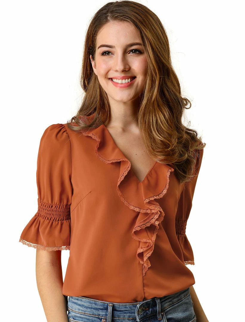 Allegra K Women's Ruffle V Neck Half Bell Sleeve Blouse Summer Vintage Casual Chiffon Peasant Top 28 Allegra K Women's Ruffle V Neck Half Bell Sleeve Blouse Summer Vintage Casual Chiffon Peasant Top