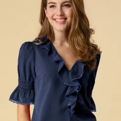 Allegra K Women's Ruffle V Neck Half Bell Sleeve Blouse Summer Vintage Casual Chiffon Peasant Top 101 Allegra K Women's Ruffle V Neck Half Bell Sleeve Blouse Summer Vintage Casual Chiffon Peasant Top
