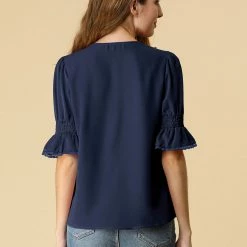 Allegra K Women's Ruffle V Neck Half Bell Sleeve Blouse Summer Vintage Casual Chiffon Peasant Top 104 Allegra K Women's Ruffle V Neck Half Bell Sleeve Blouse Summer Vintage Casual Chiffon Peasant Top