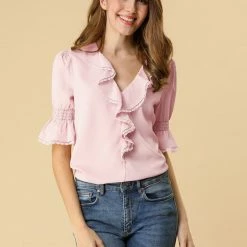 Allegra K Women's Ruffle V Neck Half Bell Sleeve Blouse Summer Vintage Casual Chiffon Peasant Top 108 Allegra K Women's Ruffle V Neck Half Bell Sleeve Blouse Summer Vintage Casual Chiffon Peasant Top