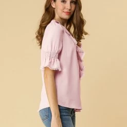 Allegra K Women's Ruffle V Neck Half Bell Sleeve Blouse Summer Vintage Casual Chiffon Peasant Top 109 Allegra K Women's Ruffle V Neck Half Bell Sleeve Blouse Summer Vintage Casual Chiffon Peasant Top