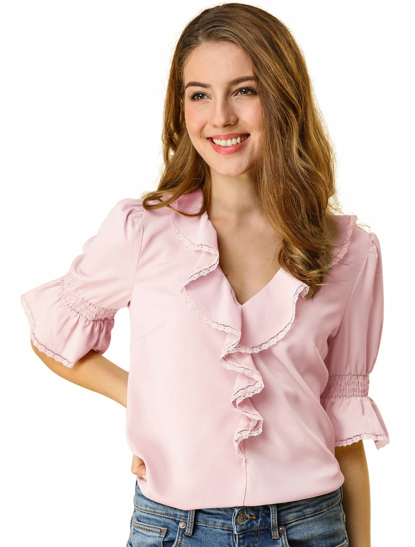 Allegra K Women's Ruffle V Neck Half Bell Sleeve Blouse Summer Vintage Casual Chiffon Peasant Top 22 Allegra K Women's Ruffle V Neck Half Bell Sleeve Blouse Summer Vintage Casual Chiffon Peasant Top