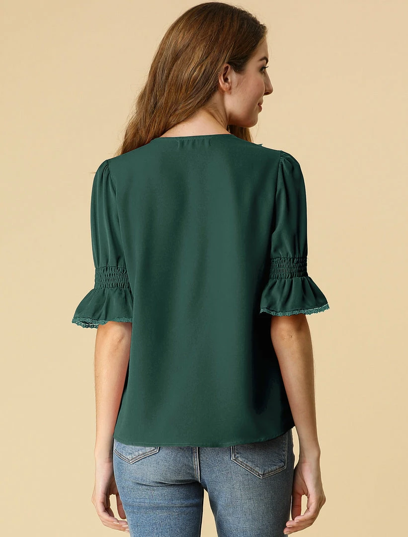 Allegra K Women's Ruffle V Neck Half Bell Sleeve Blouse Summer Vintage Casual Chiffon Peasant Top 8 Allegra K Women's Ruffle V Neck Half Bell Sleeve Blouse Summer Vintage Casual Chiffon Peasant Top