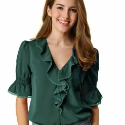 Allegra K Women's Ruffle V Neck Half Bell Sleeve Blouse Summer Vintage Casual Chiffon Peasant Top