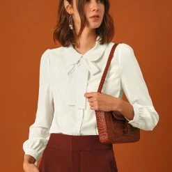 Allegra K Women's Button Down Shirt Peter Pan Collar Long Sleeve Bow Tie Neck Blouse