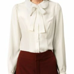 Allegra K Women's Button Down Shirt Peter Pan Collar Long Sleeve Bow Tie Neck Blouse