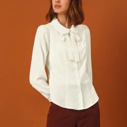 Allegra K Women's Button Down Shirt Peter Pan Collar Long Sleeve Bow Tie Neck Blouse