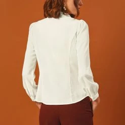 Allegra K Women's Button Down Shirt Peter Pan Collar Long Sleeve Bow Tie Neck Blouse