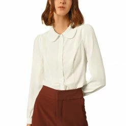 Allegra K Women's Button Down Shirt Peter Pan Collar Long Sleeve Bow Tie Neck Blouse