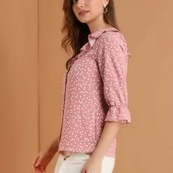Women Allegra K Ruffle Lapel Collar Heart Print Elbow Sleeve Button Down Shirt