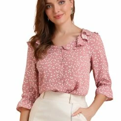 Women Allegra K Ruffle Lapel Collar Heart Print Elbow Sleeve Button Down Shirt