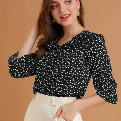 Women Allegra K Ruffle Lapel Collar Heart Print Elbow Sleeve Button Down Shirt