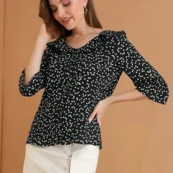 Women Allegra K Ruffle Lapel Collar Heart Print Elbow Sleeve Button Down Shirt