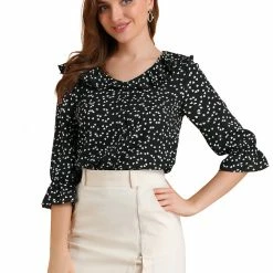 Women Allegra K Ruffle Lapel Collar Heart Print Elbow Sleeve Button Down Shirt