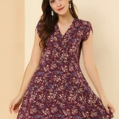 Allegra K Clothing Women Floral Crossover V Neck Petal Sleeves Flowy Dress With Belt