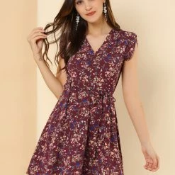 Allegra K Clothing Women Floral Crossover V Neck Petal Sleeves Flowy Dress With Belt