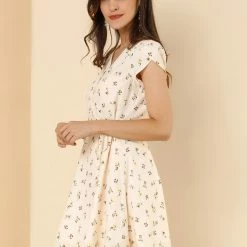 Allegra K Clothing Women Floral Crossover V Neck Petal Sleeves Flowy Dress With Belt