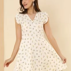 Allegra K Clothing Women Floral Crossover V Neck Petal Sleeves Flowy Dress With Belt