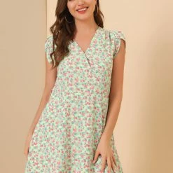 Allegra K Clothing Women Floral Crossover V Neck Petal Sleeves Flowy Dress With Belt
