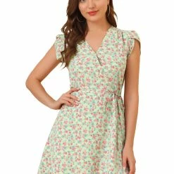 Allegra K Clothing Women Floral Crossover V Neck Petal Sleeves Flowy Dress With Belt