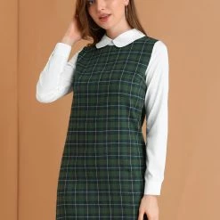 Allegra K Women's Contrast Peter Pan Collar Long Sleeve Check Shift Dress