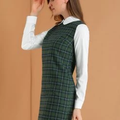 Allegra K Women's Contrast Peter Pan Collar Long Sleeve Check Shift Dress