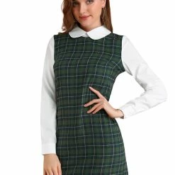 Allegra K Women's Contrast Peter Pan Collar Long Sleeve Check Shift Dress